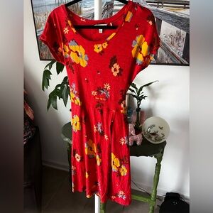 TOAD&CO Red Floral Tie-Waist Dress | Size Small | Pockets | Versatile Wrap Tie